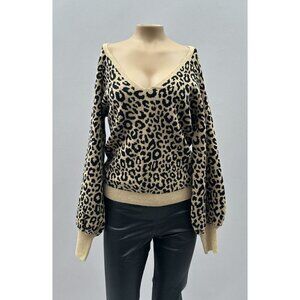 Abercrombie & Fitch Puff Sleeve Soft Knit Deep V-Neck Crop Leopard Sweater Small